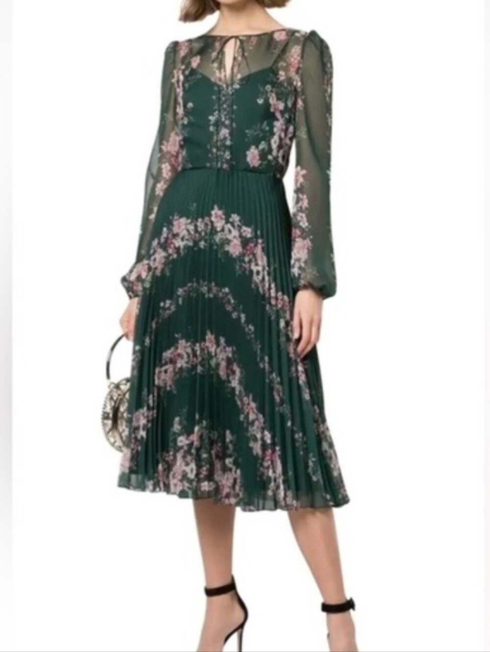 Marchesa Notte Long Sleeve Dark Green Floral Pleated Dress Size 14 New